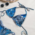 Print Swimsuit 3 Piece Mesh Bikini Set  Women's Ribbed Floral Bikini Set Tie Side Swimsuit Cover Ups Daisy Butterfly Print Three Piece Bikini Swimwear Triangle Micro Bikini String Halter Swimwear Women Low Waist Bathing Suit Stevvex