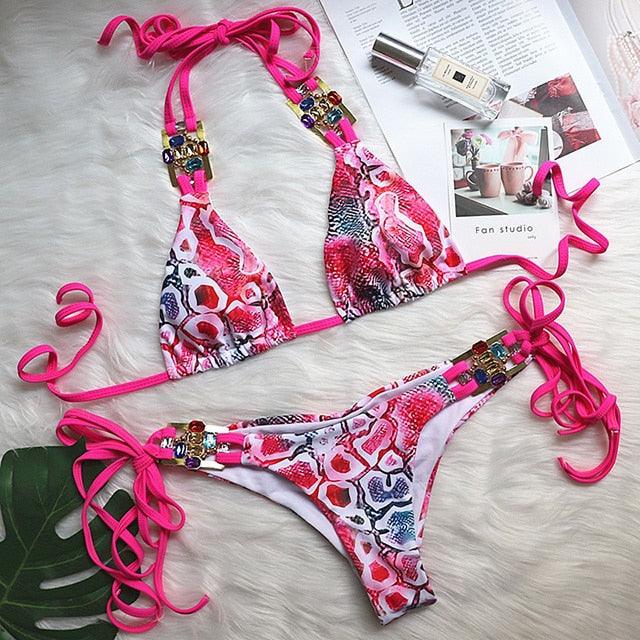 Luxury Purple Halter Crystal Diamond Bikini Female Swimsuit Women Swimwear Rhinestone Bikini Set Bathing Suit Women's Swimwear Rhinestone Halter Low Waist Tie Side Bikini Set 2 Pieces Crystal Diamond Swimsuit Stevvex