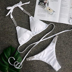 Luxury Purple Halter Crystal Diamond Bikini Female Swimsuit Women Swimwear Rhinestone Bikini Set Bathing Suit Women's Swimwear Rhinestone Halter Low Waist Tie Side Bikini Set 2 Pieces Crystal Diamond Swimsuit Stevvex