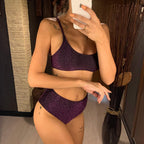Glitter Sparkling Female Swimsuit High Waist Bikini Women's High Waist Bikinis Party Glitter Scoop Neck Crop Top Swimsuits Two Piece Bathing Suit Women Swimwear Two-pieces Bikini Set Summer Swim Suit Stevvex