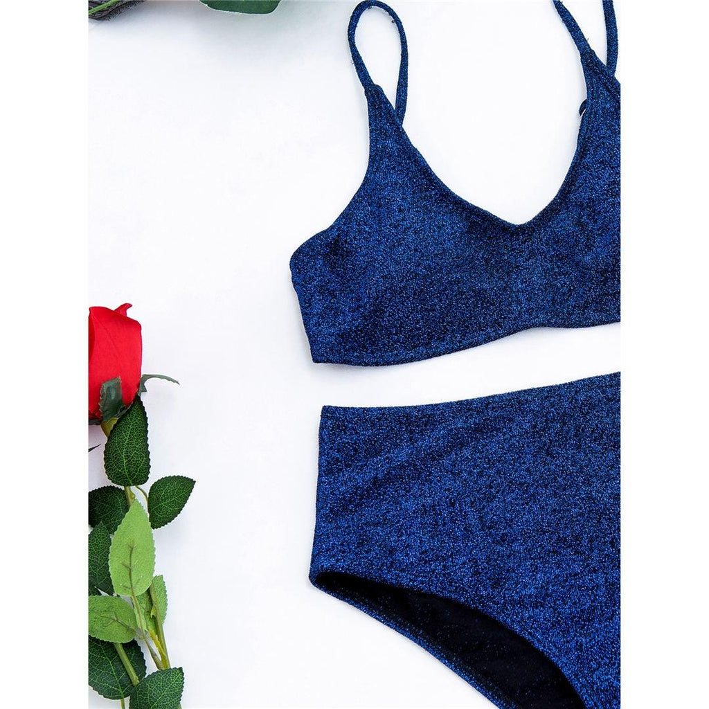 Glitter Sparkling Female Swimsuit High Waist Bikini Women's High Waist Bikinis Party Glitter Scoop Neck Crop Top Swimsuits Two Piece Bathing Suit Women Swimwear Two-pieces Bikini Set Summer Swim Suit Stevvex