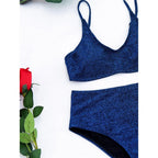 Glitter Sparkling Female Swimsuit High Waist Bikini Women's High Waist Bikinis Party Glitter Scoop Neck Crop Top Swimsuits Two Piece Bathing Suit Women Swimwear Two-pieces Bikini Set Summer Swim Suit Stevvex