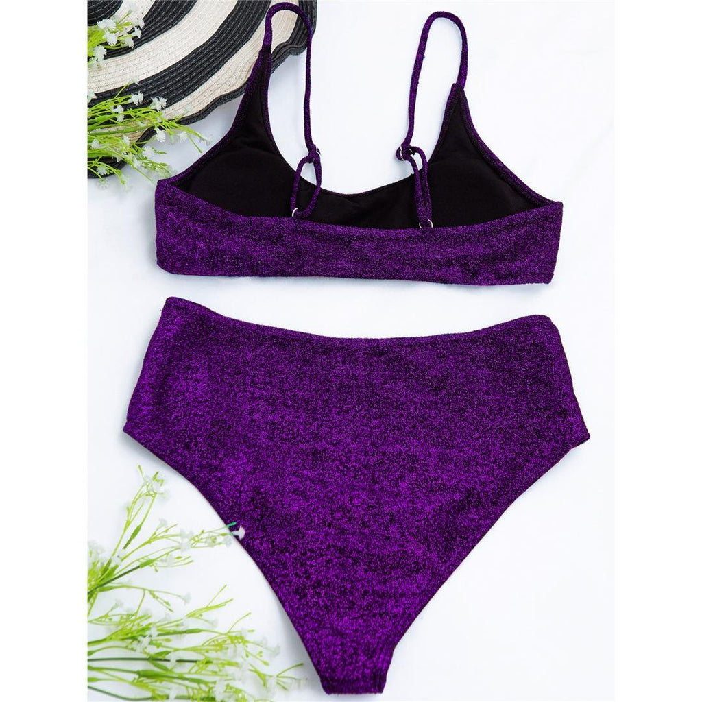 Glitter Sparkling Female Swimsuit High Waist Bikini Women's High Waist Bikinis Party Glitter Scoop Neck Crop Top Swimsuits Two Piece Bathing Suit Women Swimwear Two-pieces Bikini Set Summer Swim Suit Stevvex