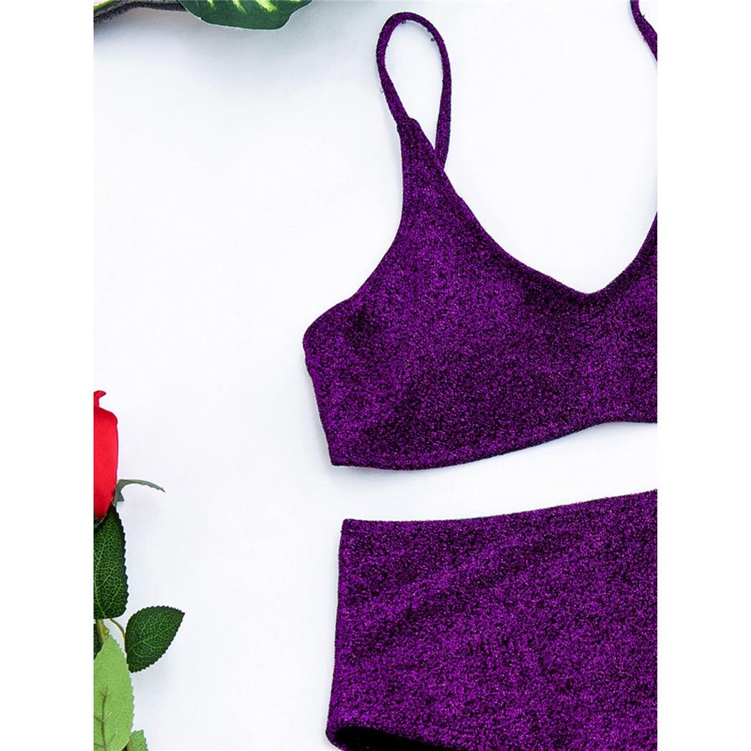 Glitter Sparkling Female Swimsuit High Waist Bikini Women's High Waist Bikinis Party Glitter Scoop Neck Crop Top Swimsuits Two Piece Bathing Suit Women Swimwear Two-pieces Bikini Set Summer Swim Suit Stevvex
