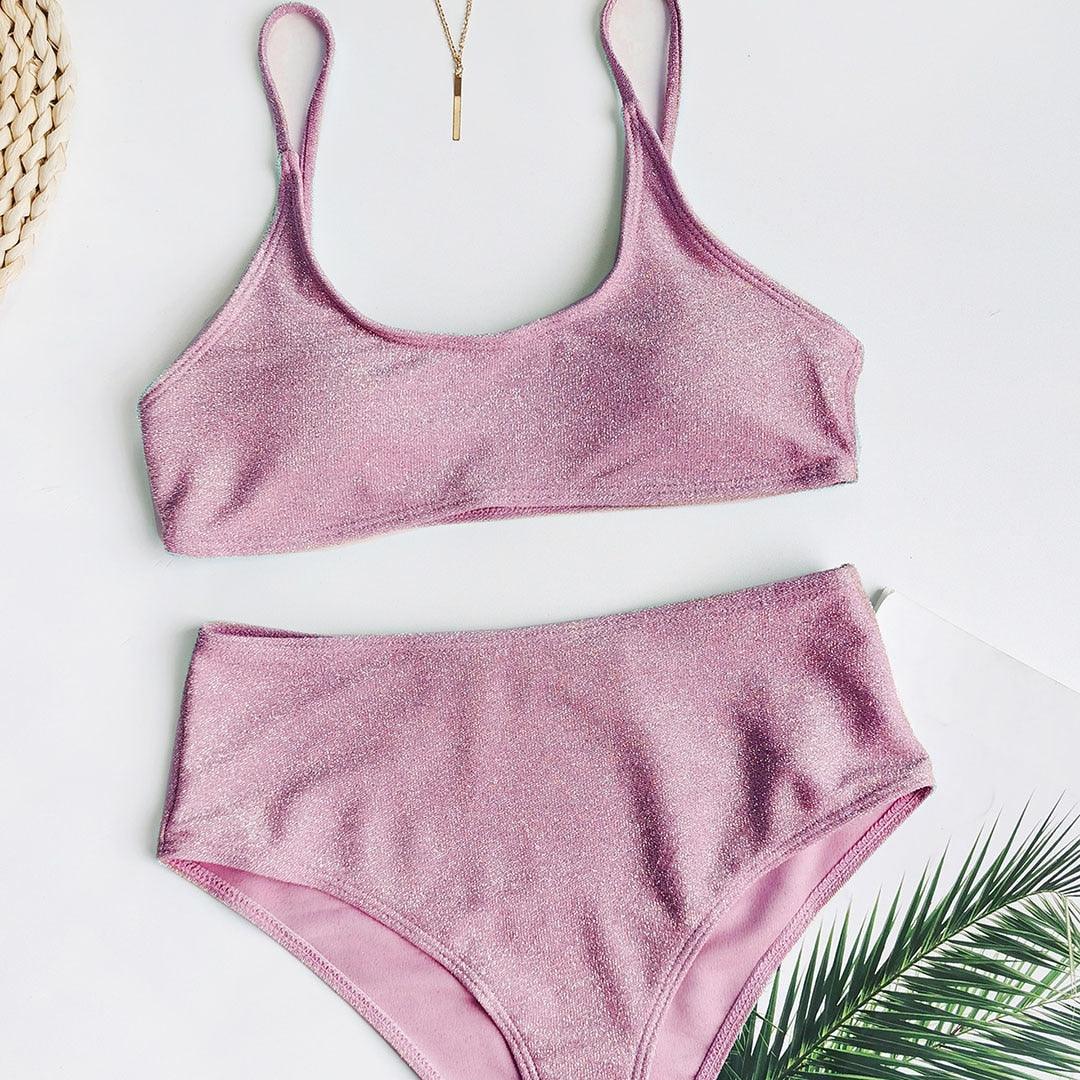 Glitter Sparkling Female Swimsuit High Waist Bikini Women's High Waist Bikinis Party Glitter Scoop Neck Crop Top Swimsuits Two Piece Bathing Suit Women Swimwear Two-pieces Bikini Set Summer Swim Suit Stevvex
