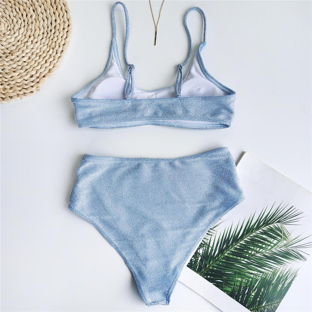 Glitter Sparkling Female Swimsuit High Waist Bikini Women's High Waist Bikinis Party Glitter Scoop Neck Crop Top Swimsuits Two Piece Bathing Suit Women Swimwear Two-pieces Bikini Set Summer Swim Suit Stevvex