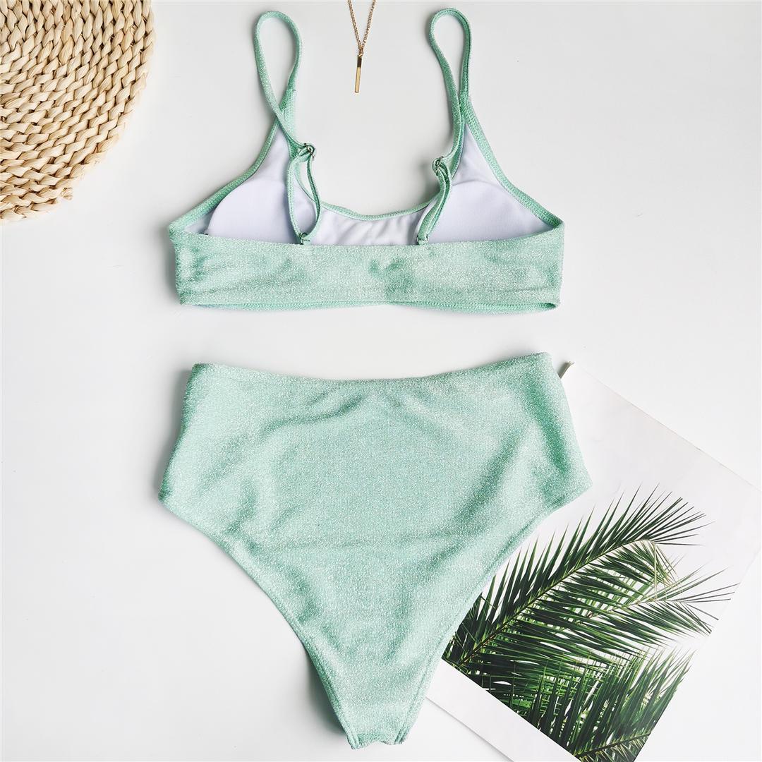 Glitter Sparkling Female Swimsuit High Waist Bikini Women's High Waist Bikinis Party Glitter Scoop Neck Crop Top Swimsuits Two Piece Bathing Suit Women Swimwear Two-pieces Bikini Set Summer Swim Suit Stevvex