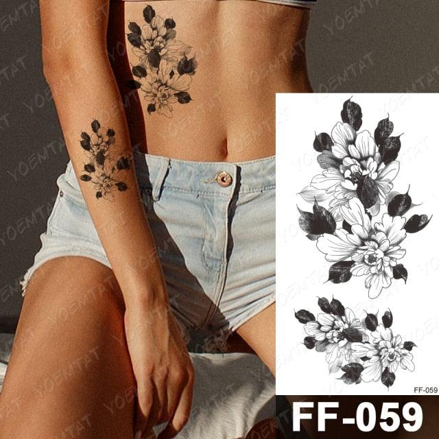 Waterproof Temporary Black Tattoo Sticker Peony Flower Snake Sketch Luxury Big Tattoo For Womens Stevvex
