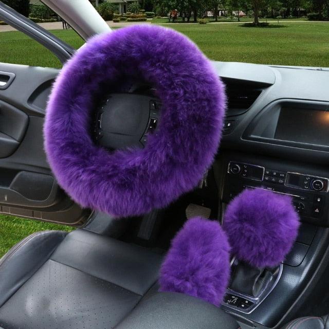 3PCS Fur Steering Wheel Cover Set Real Sheepskin Auto Plush Warm Fluffy Fuzzy Women Winter Fashion Wool Fur Soft Furry Steering Wheel Covers Blue Fluffy Handbrake Cover Gear Shift Cover Fuzz Warm Non-slip Car Decoration Car Accessories for Women Girl Stevvex