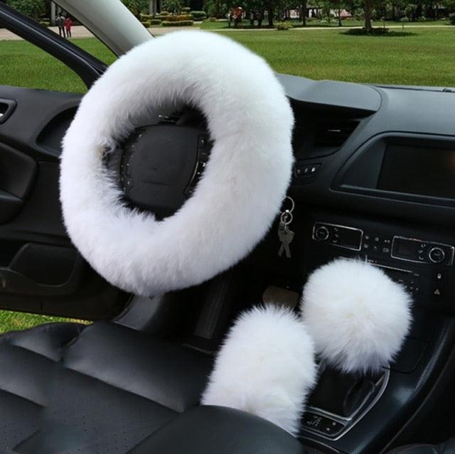 3PCS Fur Steering Wheel Cover Set Real Sheepskin Auto Plush Warm Fluffy Fuzzy Women Winter Fashion Wool Fur Soft Furry Steering Wheel Covers Blue Fluffy Handbrake Cover Gear Shift Cover Fuzz Warm Non-slip Car Decoration Car Accessories for Women Girl Stevvex