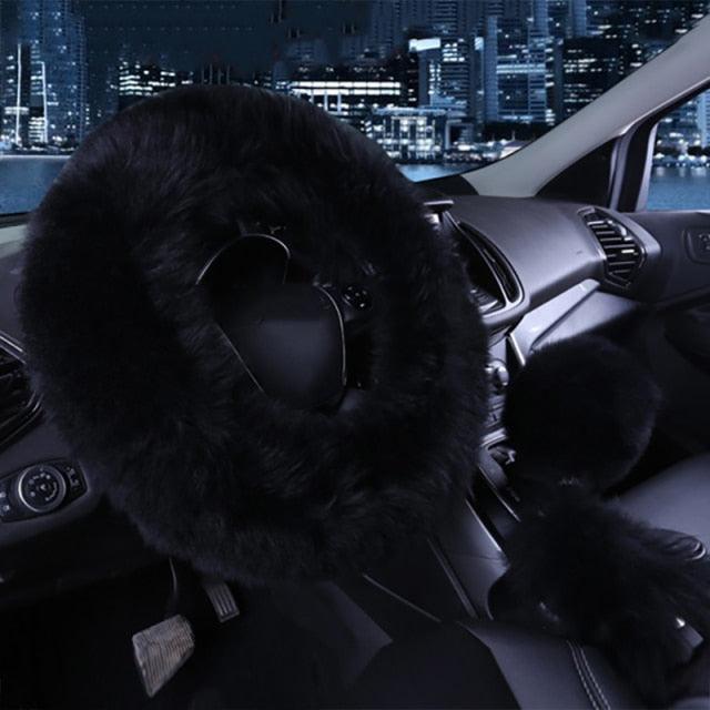 3PCS Fur Steering Wheel Cover Set Real Sheepskin Auto Plush Warm Fluffy Fuzzy Women Winter Fashion Wool Fur Soft Furry Steering Wheel Covers Blue Fluffy Handbrake Cover Gear Shift Cover Fuzz Warm Non-slip Car Decoration Car Accessories for Women Girl Stevvex