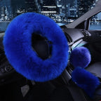 3PCS Fur Steering Wheel Cover Set Real Sheepskin Auto Plush Warm Fluffy Fuzzy Women Winter Fashion Wool Fur Soft Furry Steering Wheel Covers Blue Fluffy Handbrake Cover Gear Shift Cover Fuzz Warm Non-slip Car Decoration Car Accessories for Women Girl Stevvex
