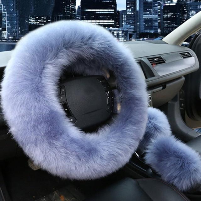 3PCS Fur Steering Wheel Cover Set Real Sheepskin Auto Plush Warm Fluffy Fuzzy Women Winter Fashion Wool Fur Soft Furry Steering Wheel Covers Blue Fluffy Handbrake Cover Gear Shift Cover Fuzz Warm Non-slip Car Decoration Car Accessories for Women Girl Stevvex
