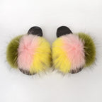 Summer Women Raccoon Fur Slippers Plush Slides Furry Sandals Fluffy House Shoes Girl's Cute Flip Flops Sandal With Soft Furry Faux Fox Fur House Outdoor Multicolor Slippers