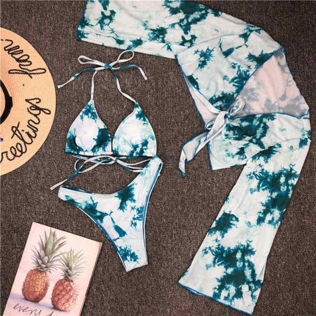 New Bikini Bikini Swimsuit For Women 3 Pieces Set Knot Front Off Shoulder Cover Up with Halter Bikini Sets Bathing Suit Women Swimwear Female Swimsuit Three-pieces Bikini set Halter Bather Bathing Suit Swim Beach Lady Stevvex