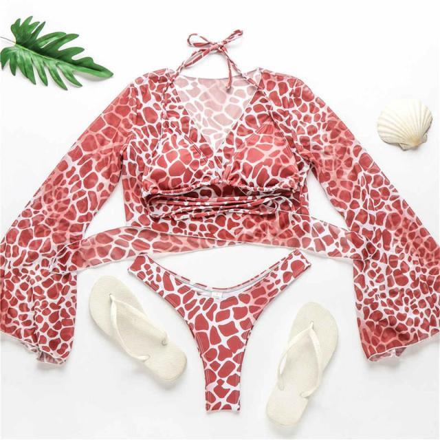 New Bikini Bikini Swimsuit For Women 3 Pieces Set Knot Front Off Shoulder Cover Up with Halter Bikini Sets Bathing Suit Women Swimwear Female Swimsuit Three-pieces Bikini set Halter Bather Bathing Suit Swim Beach Lady Stevvex