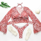 New Bikini Bikini Swimsuit For Women 3 Pieces Set Knot Front Off Shoulder Cover Up with Halter Bikini Sets Bathing Suit Women Swimwear Female Swimsuit Three-pieces Bikini set Halter Bather Bathing Suit Swim Beach Lady Stevvex