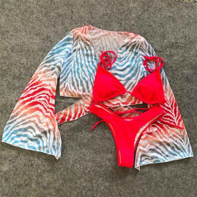 New Bikini Bikini Swimsuit For Women 3 Pieces Set Knot Front Off Shoulder Cover Up with Halter Bikini Sets Bathing Suit Women Swimwear Female Swimsuit Three-pieces Bikini set Halter Bather Bathing Suit Swim Beach Lady Stevvex