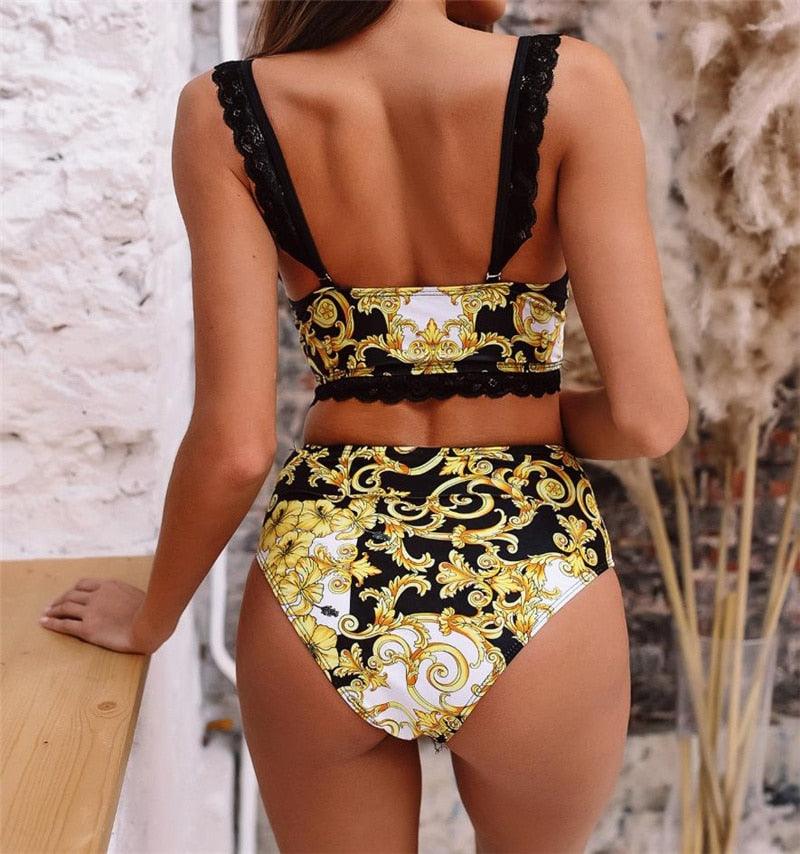 Vintage Black Print Women's Bikini Set Women's Halter Beautiful Print High Waist Swimsuit Bathing Suits Bikini Set Lace Strappy Padded Bra High Waist Bottoms Swimsuit Fashion Female Beachwear Luxury Swimwear Stevvex