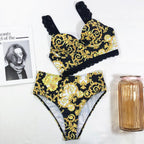 Vintage Black Print Women's Bikini Set Women's Halter Beautiful Print High Waist Swimsuit Bathing Suits Bikini Set Lace Strappy Padded Bra High Waist Bottoms Swimsuit Fashion Female Beachwear Luxury Swimwear Stevvex