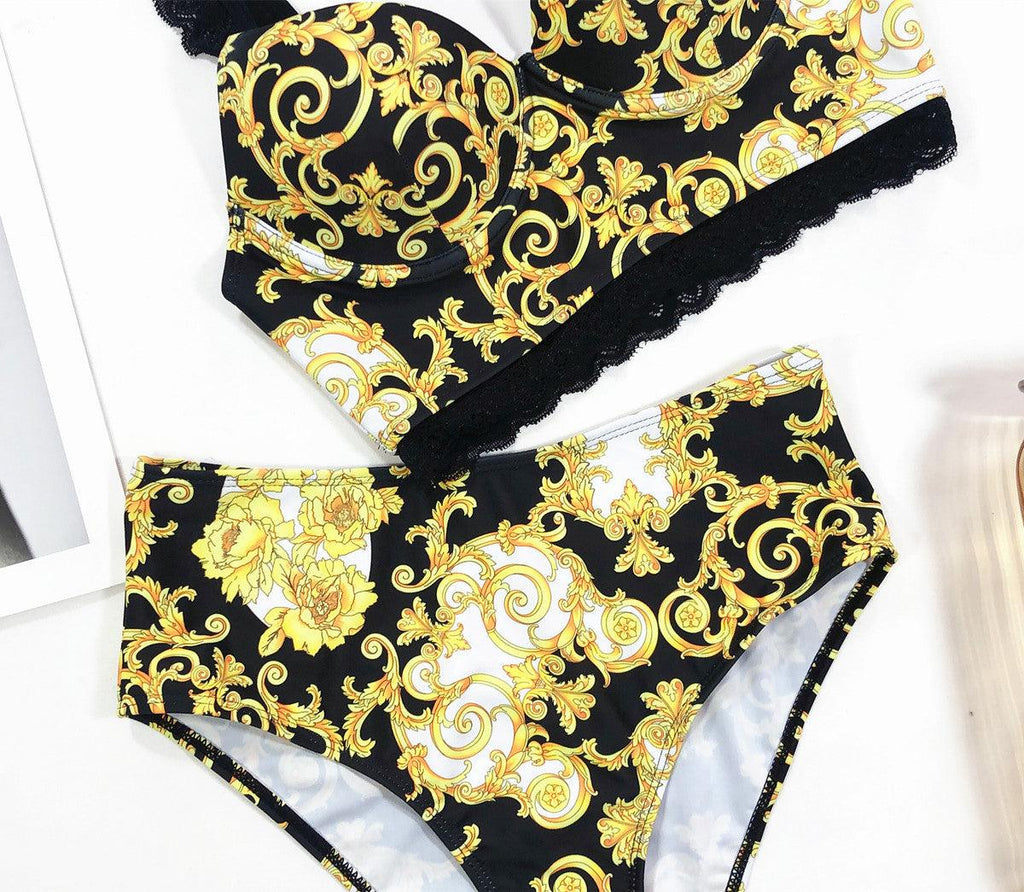 Vintage Black Print Women's Bikini Set Women's Halter Beautiful Print High Waist Swimsuit Bathing Suits Bikini Set Lace Strappy Padded Bra High Waist Bottoms Swimsuit Fashion Female Beachwear Luxury Swimwear Stevvex