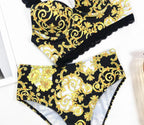Vintage Black Print Women's Bikini Set Women's Halter Beautiful Print High Waist Swimsuit Bathing Suits Bikini Set Lace Strappy Padded Bra High Waist Bottoms Swimsuit Fashion Female Beachwear Luxury Swimwear Stevvex