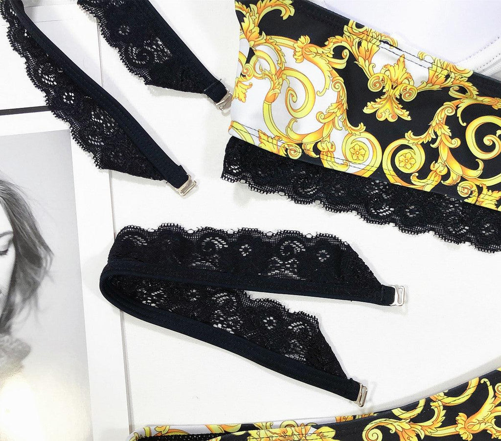 Vintage Black Print Women's Bikini Set Women's Halter Beautiful Print High Waist Swimsuit Bathing Suits Bikini Set Lace Strappy Padded Bra High Waist Bottoms Swimsuit Fashion Female Beachwear Luxury Swimwear Stevvex
