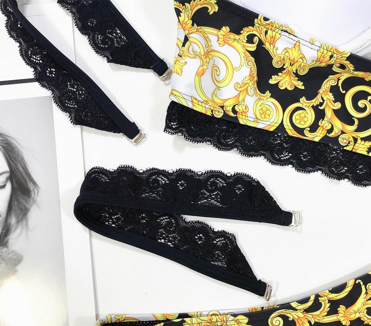 Vintage Black Print Women's Bikini Set Women's Halter Beautiful Print High Waist Swimsuit Bathing Suits Bikini Set Lace Strappy Padded Bra High Waist Bottoms Swimsuit Fashion Female Beachwear Luxury Swimwear Stevvex