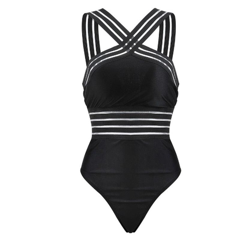 Luxury Women Black Swimsuits Women High Neck One Piece Swimsuits For Women Mesh Bathing Suits Open Back Swimwear One Piece Swimwear For Lady High Neck Bandage Cross Back Swimming Suit Female Holiday Beachwear Stevvex