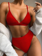 Bikini Swimwear Swimsuit Women Solid Bathing Suit Bikini Set With Pad Female High Waist Beachwear Women Bikini Swimsuits 2 Piece Deep V Neck Swimwear Adjustable Strap Back Bathing Suits Stevvex