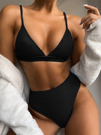 Bikini Swimwear Swimsuit Women Solid Bathing Suit Bikini Set With Pad Female High Waist Beachwear Women Bikini Swimsuits 2 Piece Deep V Neck Swimwear Adjustable Strap Back Bathing Suits Stevvex