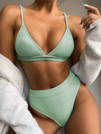 Bikini Swimwear Swimsuit Women Solid Bathing Suit Bikini Set With Pad Female High Waist Beachwear Women Bikini Swimsuits 2 Piece Deep V Neck Swimwear Adjustable Strap Back Bathing Suits Stevvex