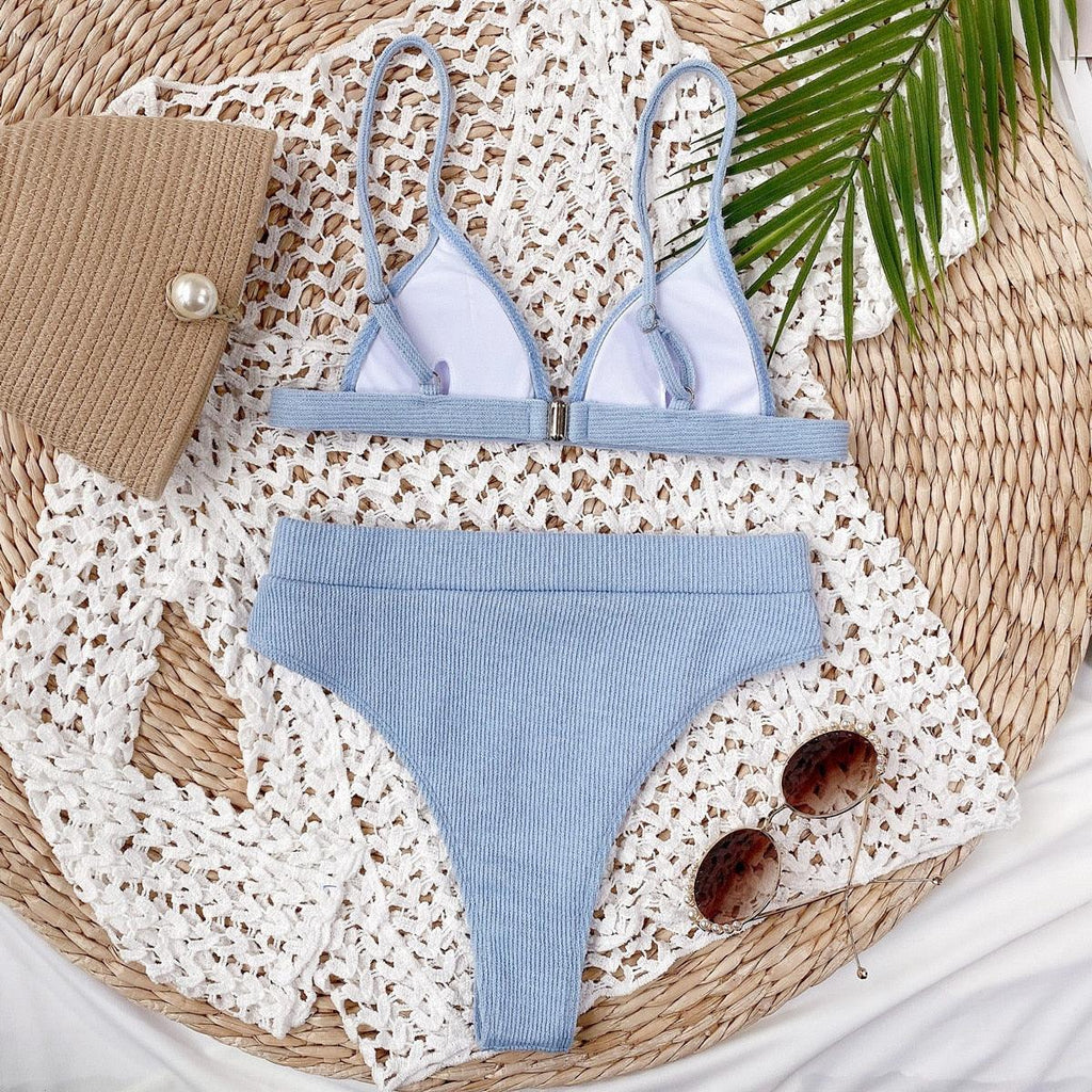 Bikini Swimwear Swimsuit Women Solid Bathing Suit Bikini Set With Pad Female High Waist Beachwear Women Bikini Swimsuits 2 Piece Deep V Neck Swimwear Adjustable Strap Back Bathing Suits Stevvex