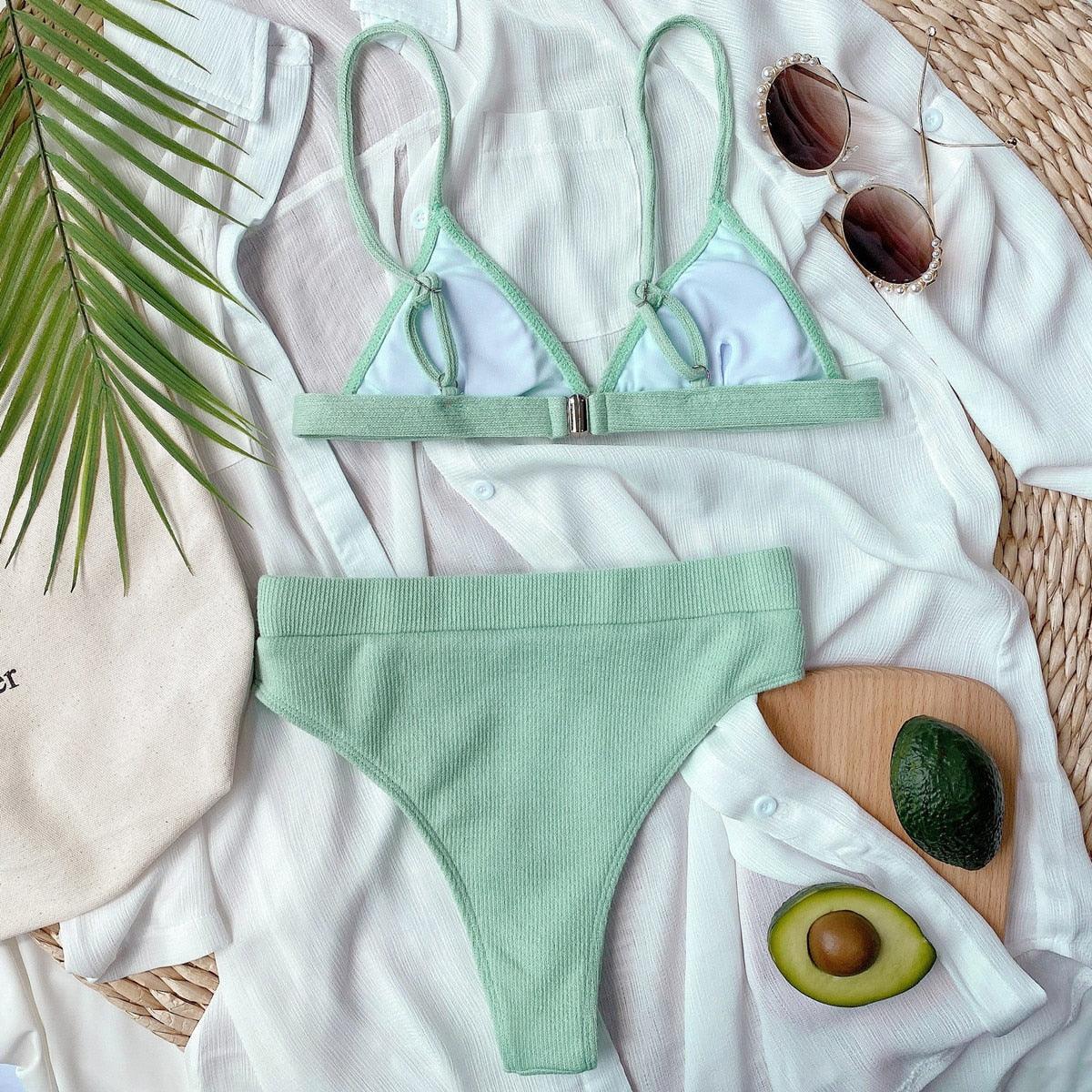 Bikini Swimwear Swimsuit Women Solid Bathing Suit Bikini Set With Pad Female High Waist Beachwear Women Bikini Swimsuits 2 Piece Deep V Neck Swimwear Adjustable Strap Back Bathing Suits Stevvex