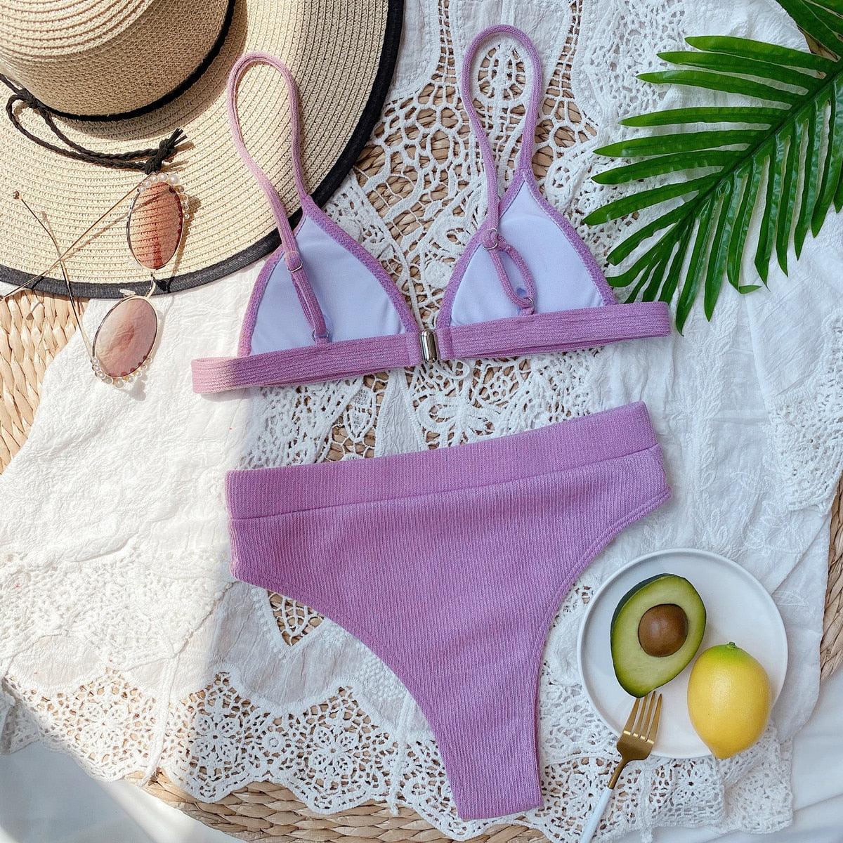 Bikini Swimwear Swimsuit Women Solid Bathing Suit Bikini Set With Pad Female High Waist Beachwear Women Bikini Swimsuits 2 Piece Deep V Neck Swimwear Adjustable Strap Back Bathing Suits Stevvex