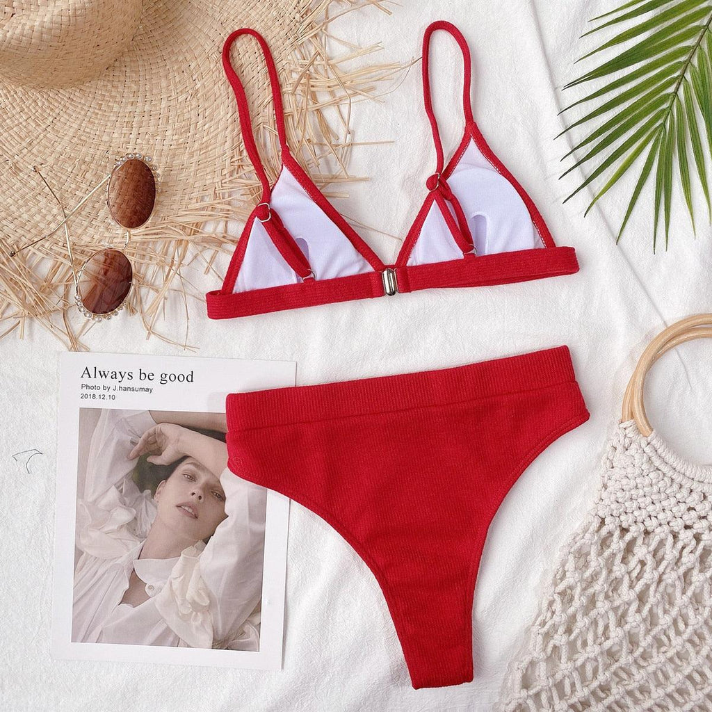 Bikini Swimwear Swimsuit Women Solid Bathing Suit Bikini Set With Pad Female High Waist Beachwear Women Bikini Swimsuits 2 Piece Deep V Neck Swimwear Adjustable Strap Back Bathing Suits Stevvex