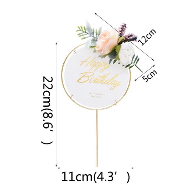 1Pcs Metal Happy Birthday Cake Topper Artificial flowers Cake Toppers Happy Birthday Cake Topper Metal And Acrylic Cake Decoration With Pink Artificial Flower Cluster For DIY Baby Shower Birthday Party Decoration Baking Decor Stevvex