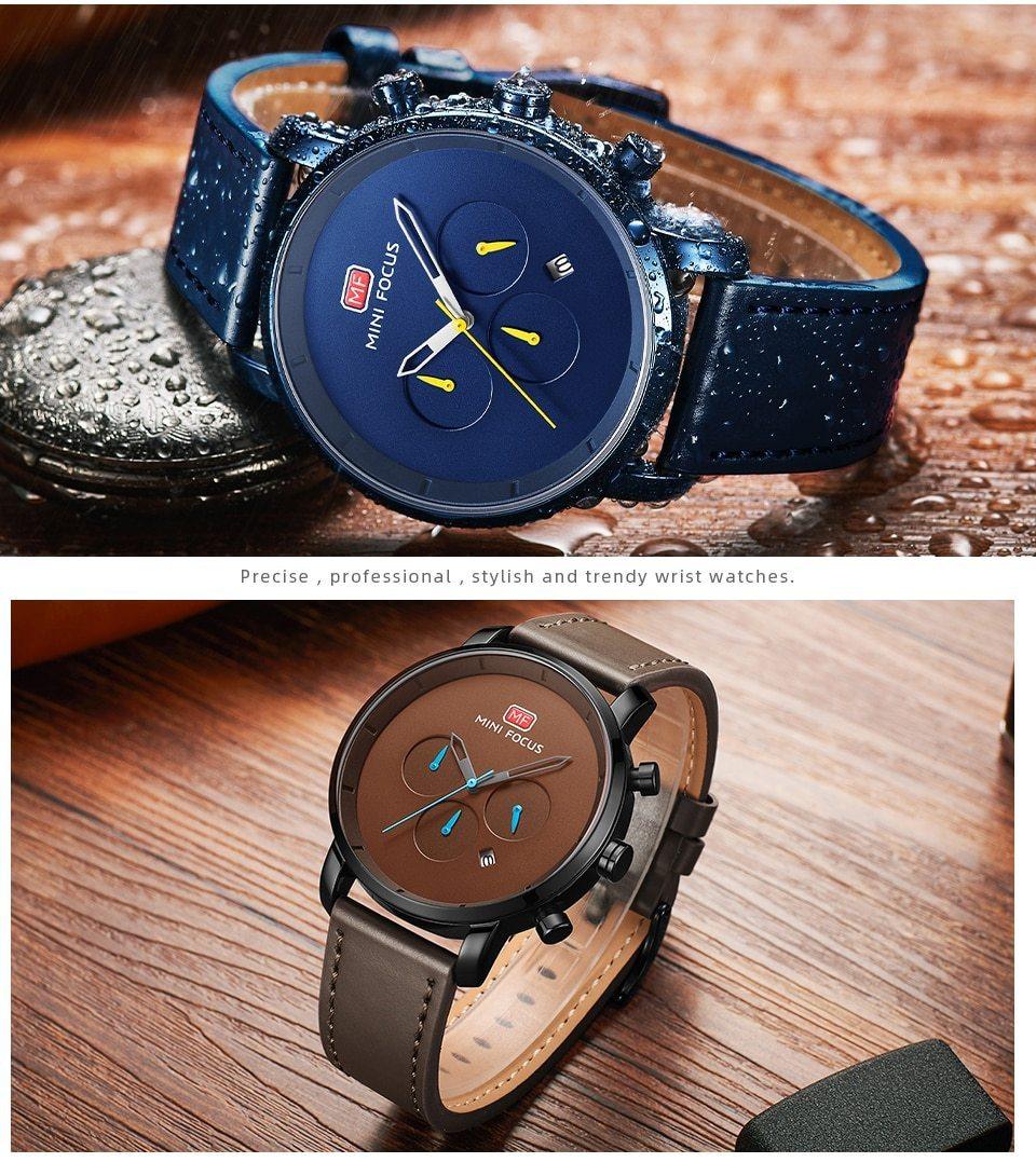 Fashion Multifunctional Mens Watches Sport Quartz Round Analog Watches Modern Leather Strap Design Stevvex