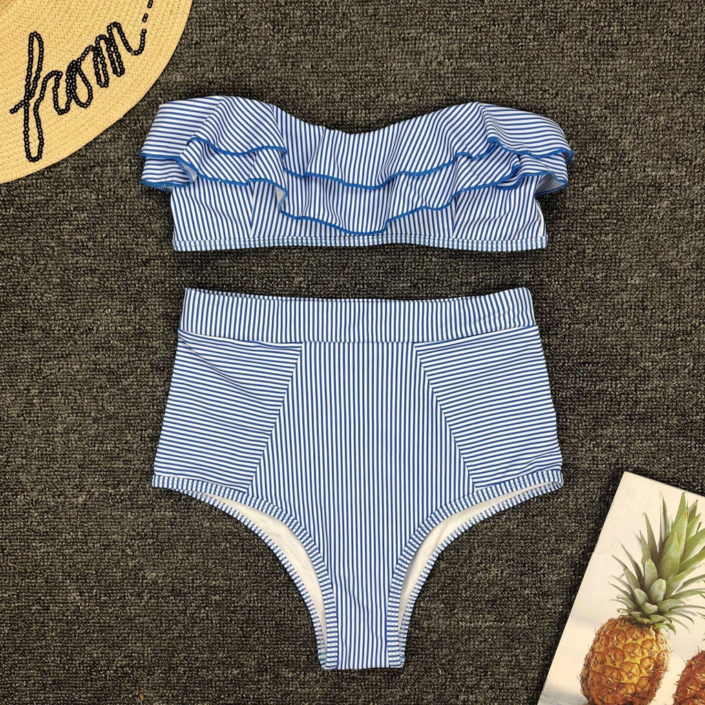 Retro Blue White Striped High Waist Bikini Lady Swimwear Women Swimsuit Female Ruffle Swim Bathing Suit  Piece Vintage High Waist Bikini Set Ruffled Swimsuits For Women Bathing Suits Stevvex