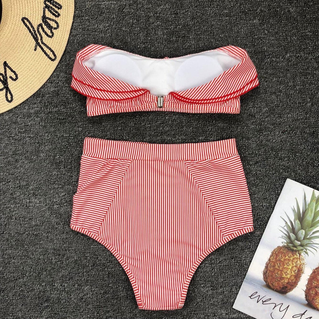 Retro Blue White Striped High Waist Bikini Lady Swimwear Women Swimsuit Female Ruffle Swim Bathing Suit  Piece Vintage High Waist Bikini Set Ruffled Swimsuits For Women Bathing Suits Stevvex