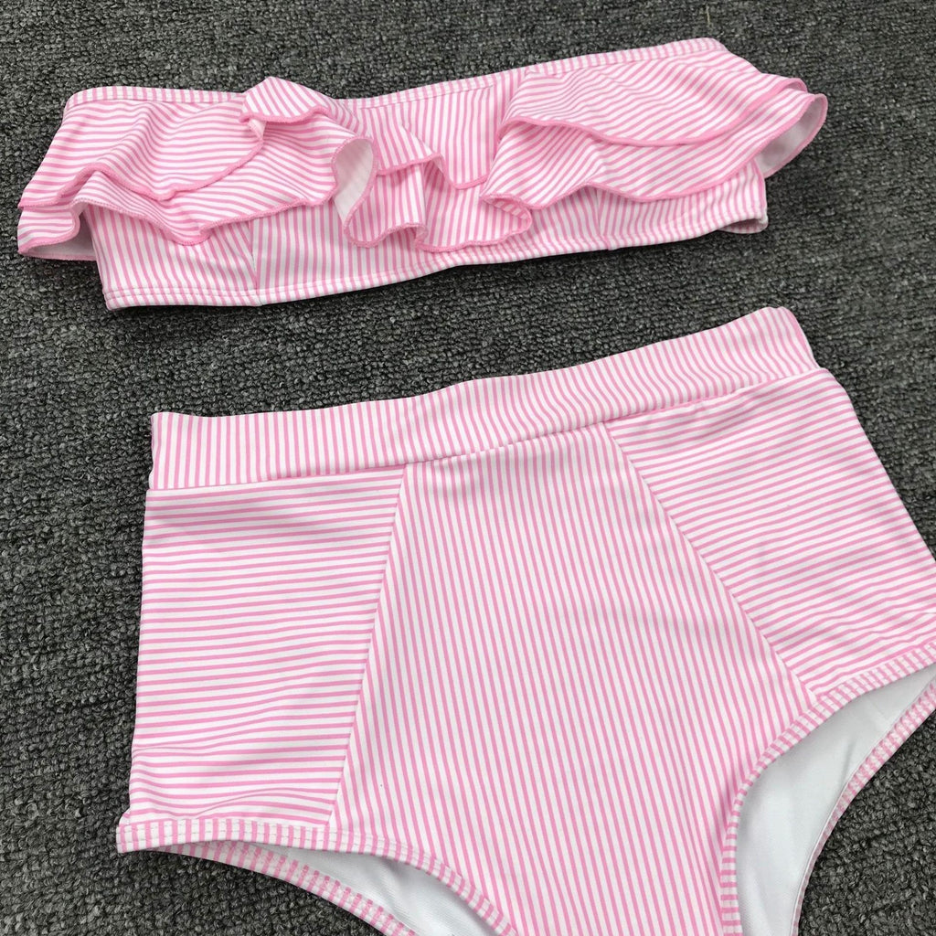 Retro Blue White Striped High Waist Bikini Lady Swimwear Women Swimsuit Female Ruffle Swim Bathing Suit  Piece Vintage High Waist Bikini Set Ruffled Swimsuits For Women Bathing Suits Stevvex