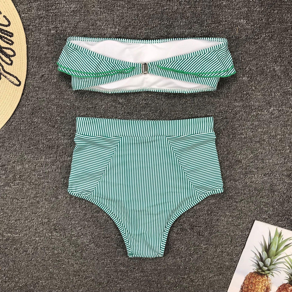 Retro Blue White Striped High Waist Bikini Lady Swimwear Women Swimsuit Female Ruffle Swim Bathing Suit  Piece Vintage High Waist Bikini Set Ruffled Swimsuits For Women Bathing Suits Stevvex