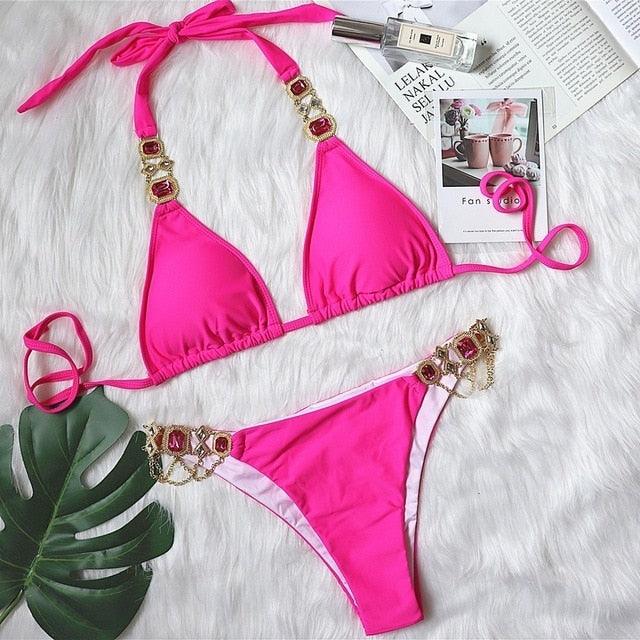 Luxury Purple Halter Crystal Diamond Bikini Female Swimsuit Women Swimwear Rhinestone Bikini Set Bathing Suit Women's Swimwear Rhinestone Halter Low Waist Tie Side Bikini Set 2 Pieces Crystal Diamond Swimsuit Stevvex