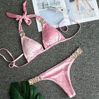 Luxury Purple Halter Crystal Diamond Bikini Female Swimsuit Women Swimwear Rhinestone Bikini Set Bathing Suit Women's Swimwear Rhinestone Halter Low Waist Tie Side Bikini Set 2 Pieces Crystal Diamond Swimsuit Stevvex