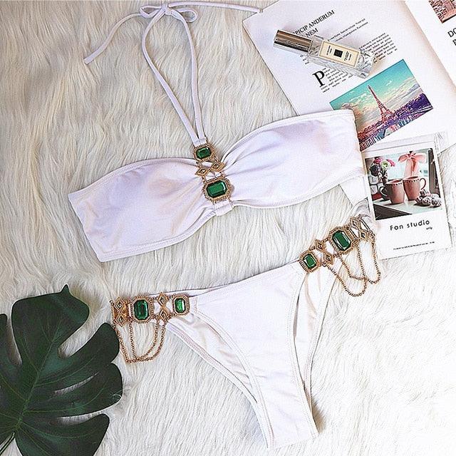 Luxury Purple Halter Crystal Diamond Bikini Female Swimsuit Women Swimwear Rhinestone Bikini Set Bathing Suit Women's Swimwear Rhinestone Halter Low Waist Tie Side Bikini Set 2 Pieces Crystal Diamond Swimsuit Stevvex