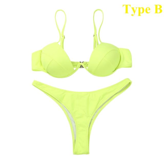 Push Up Unpadded Bikini Set Women 4 Colors Bandage Bikini Set Swimsuit Thong Bottom Swimwear Two Pieces Plain Bikini Bathing Suit Swimwear Bathing Stevvex