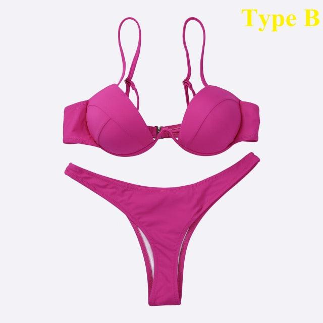 Push Up Unpadded Bikini Set Women 4 Colors Bandage Bikini Set Swimsuit Thong Bottom Swimwear Two Pieces Plain Bikini Bathing Suit Swimwear Bathing Stevvex