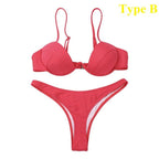 Push Up Unpadded Bikini Set Women 4 Colors Bandage Bikini Set Swimsuit Thong Bottom Swimwear Two Pieces Plain Bikini Bathing Suit Swimwear Bathing Stevvex