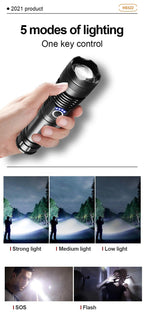 Rechargeable LED Flashlights High Lumens Waterproof Zoomable Super Bright Tactical Flashlight Powerful  USB LED CREE Flashlight  Hand Lamp For Hiking Camping Household Outdoor Sport Stevvex