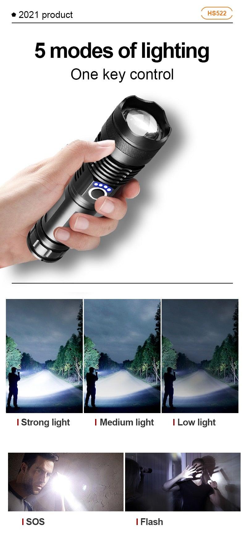 Rechargeable LED Flashlights High Lumens Waterproof Zoomable Super Bright Tactical Flashlight Powerful  USB LED CREE Flashlight  Hand Lamp For Hiking Camping Household Outdoor Sport Stevvex